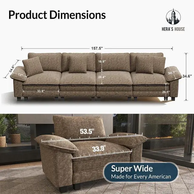 Alt view image 2 of 7 - HERA'S HOUSE 158" Oversized Modular Sectional Straight Sofa,Chenille Taupe | 4-Seater Living Room Couches, Wider Armrest and Deep Seat, Comfy Cloud Couch with Ottoman, Grayish Brown