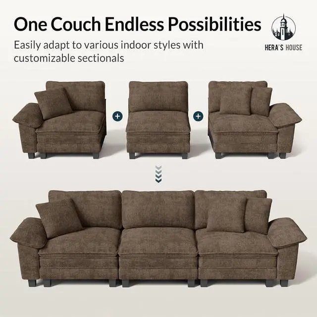 Alt view image 7 of 7 - HERA'S HOUSE 158" Oversized Modular Sectional Straight Sofa,Chenille Taupe | 4-Seater Living Room Couches, Wider Armrest and Deep Seat, Comfy Cloud Couch with Ottoman, Grayish Brown