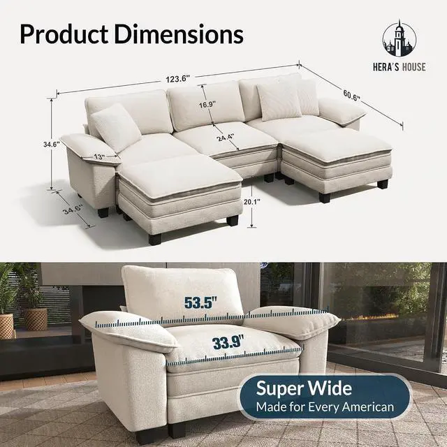 Alt view image 2 of 7 - HERA'S HOUSE 124" Oversized Modular Sectional U Shaped Sofa,Chenille White | 5-Seater Living Room Couches, Wider Armrest and Deep Seat, Comfy Cloud Couch with Ottoman, Wood Sturdy Frame