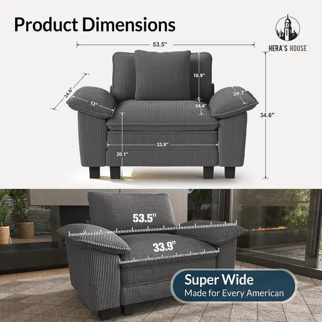 Alt view image 2 of 7 - HERA'S HOUSE 1-Seat Modular Couch Accent Chair Sofa with Throw Pillow | Modern 53.5" Single Seat, Grey, Wider Armrest, Comfy Deep Seat, Soft Corduroy Sofa Chair for Living Room