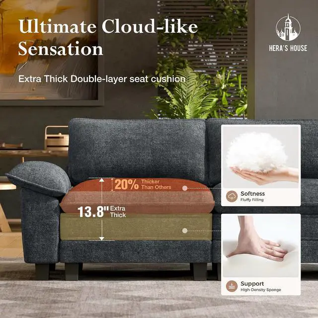 Alt view image 3 of 7 - HERA'S HOUSE 158" Oversized Modular Sectional Straight Sofa,Chenille Blue | 4-Seater Living Room Couches, Wider Armrest and Deep Seat, Comfy Cloud Couch with Ottoman, Wood Sturdy Frame