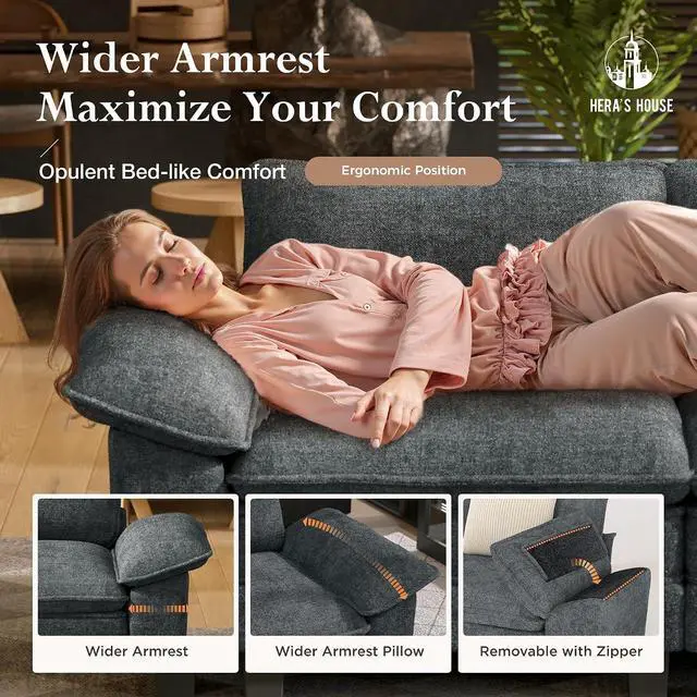 Alt view image 4 of 7 - HERA'S HOUSE 158" Oversized Modular Sectional Straight Sofa,Chenille Blue | 4-Seater Living Room Couches, Wider Armrest and Deep Seat, Comfy Cloud Couch with Ottoman, Wood Sturdy Frame