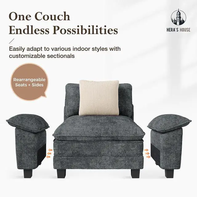 Alt view image 6 of 7 - HERA'S HOUSE 158" Oversized Modular Sectional Straight Sofa,Chenille Blue | 4-Seater Living Room Couches, Wider Armrest and Deep Seat, Comfy Cloud Couch with Ottoman, Wood Sturdy Frame