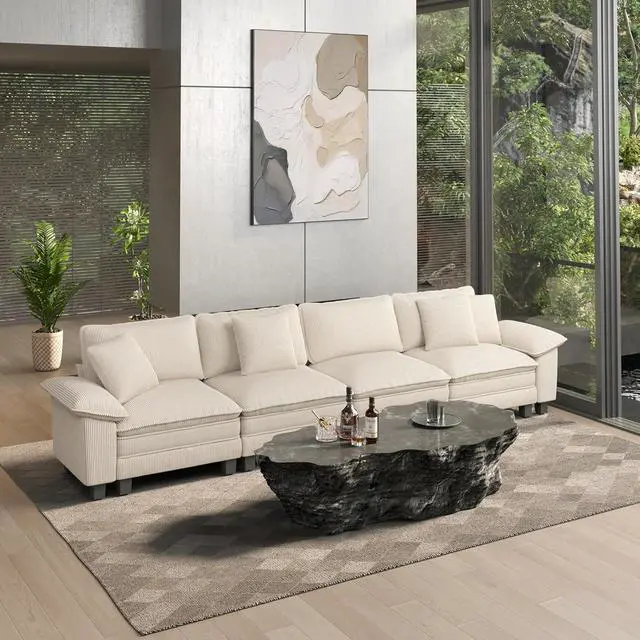 Main image of HERA'S HOUSE 158" Oversized Modular Sectional Straight Sofa, Corduroy Beige | 4-Seater Living Room Couches, Wider Armrest and Deep Seat, Comfy Cloud Couch with Ottoman, Wood Sturdy Frame