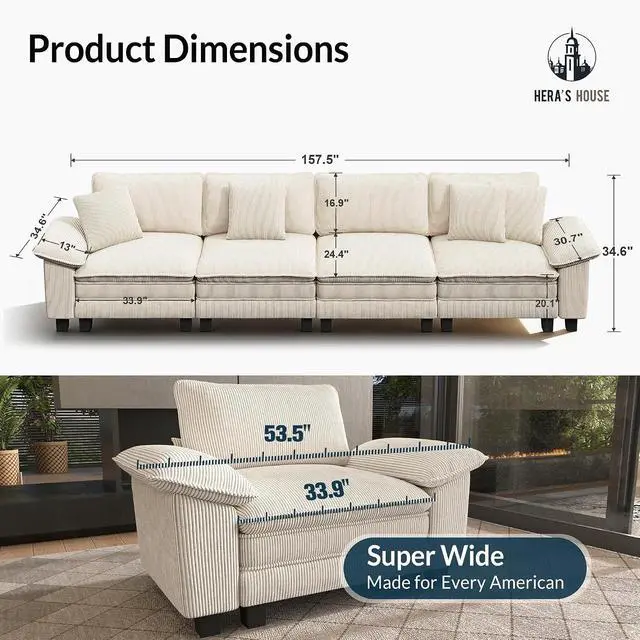 Alt view image 2 of 7 - HERA'S HOUSE 158" Oversized Modular Sectional Straight Sofa, Corduroy Beige | 4-Seater Living Room Couches, Wider Armrest and Deep Seat, Comfy Cloud Couch with Ottoman, Wood Sturdy Frame
