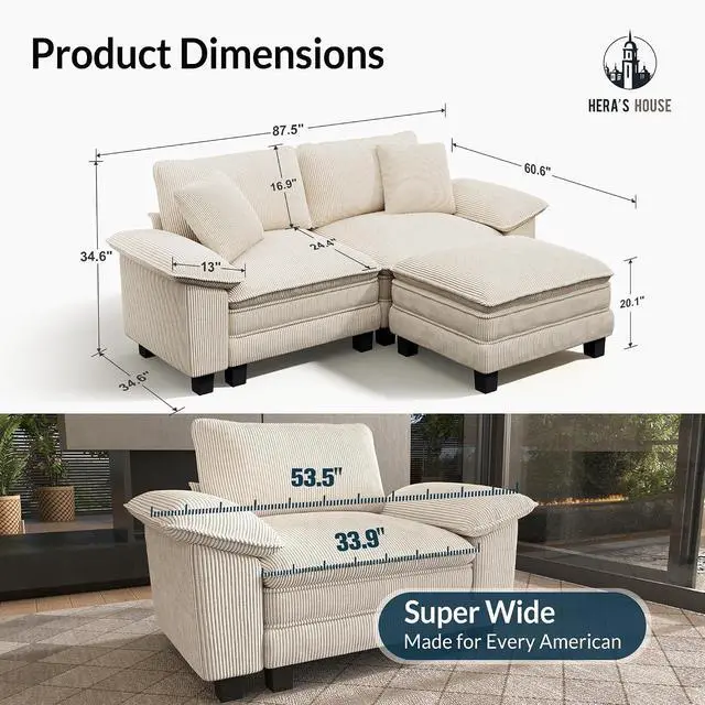 Alt view image 2 of 7 - HERA'S HOUSE 3-Seat L Shaped Modular Cloud Couch Sectional Sofa Ottoman | Modern 87.5" Couch, Beige, Wider Armrest, Comfy Deep Seat, Soft Corduroy Sofa for Living Room