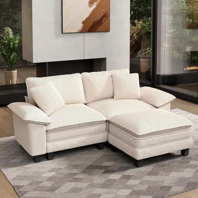 Main image of HERA'S HOUSE 3-Seat L Shaped Modular Cloud Couch Sectional Sofa Ottoman | Modern 87.5" Couch, Beige, Wider Armrest, Comfy Deep Seat, Soft Corduroy Sofa for Living Room