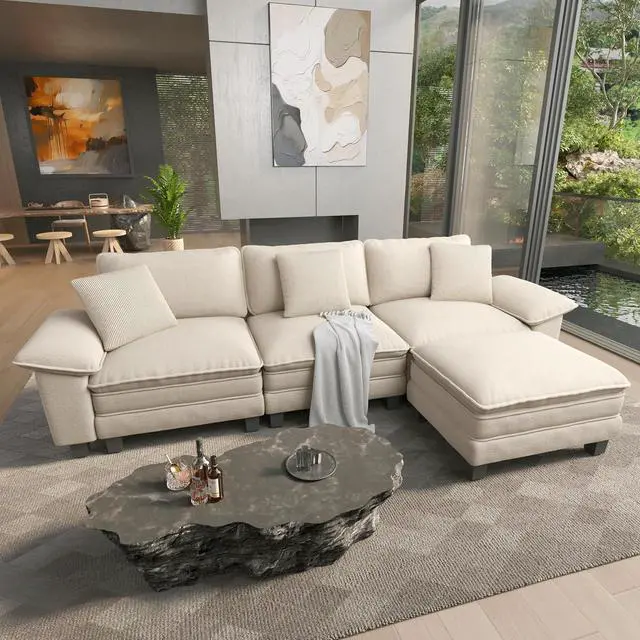Main image of HERA'S HOUSE 124" Oversized Modular Sectional L Shaped Sofa,Chenille White | 4-Seater Living Room Couches, Wider Armrest and Deep Seat, Comfy Cloud Couch with Ottoman, Wood Sturdy Frame