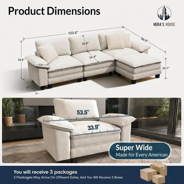 Alt view image 2 of 7 - HERA'S HOUSE 124" Oversized Modular Sectional L Shaped Sofa,Chenille White | 4-Seater Living Room Couches, Wider Armrest and Deep Seat, Comfy Cloud Couch with Ottoman, Wood Sturdy Frame
