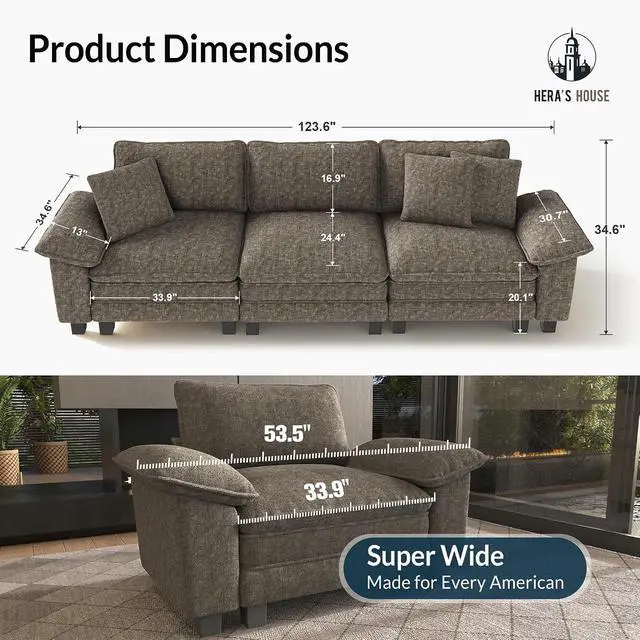 Alt view image 2 of 7 - HERA'S HOUSE 124" Oversized Modular Sectional Straight Sofa,Chenille Ash | 3-Seater Living Room Couches, Wider Armrest and Deep Seat, Comfy Cloud Couch with Ottoman, Light Gray