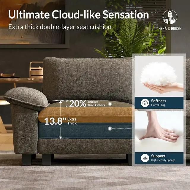 Alt view image 6 of 7 - HERA'S HOUSE 124" Oversized Modular Sectional Straight Sofa,Chenille Ash | 3-Seater Living Room Couches, Wider Armrest and Deep Seat, Comfy Cloud Couch with Ottoman, Light Gray
