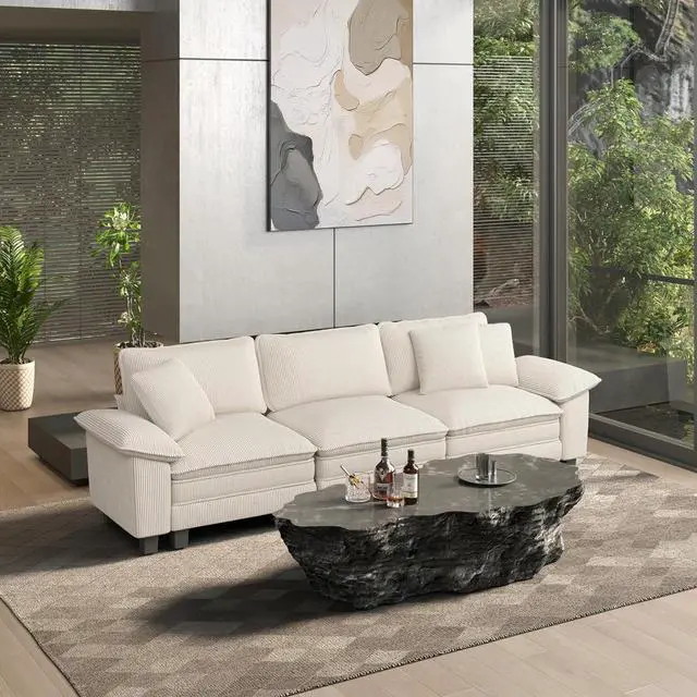 Main image of HERA'S HOUSE 124" Oversized Modular Sectional Straight Sofa, Corduroy Beige | 3-Seater Living Room Couches, Wider Armrest and Deep Seat, Comfy Cloud Couch with Ottoman, Wood Sturdy Frame