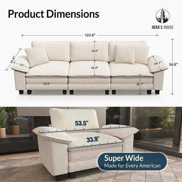 Alt view image 2 of 7 - HERA'S HOUSE 124" Oversized Modular Sectional Straight Sofa, Corduroy Beige | 3-Seater Living Room Couches, Wider Armrest and Deep Seat, Comfy Cloud Couch with Ottoman, Wood Sturdy Frame