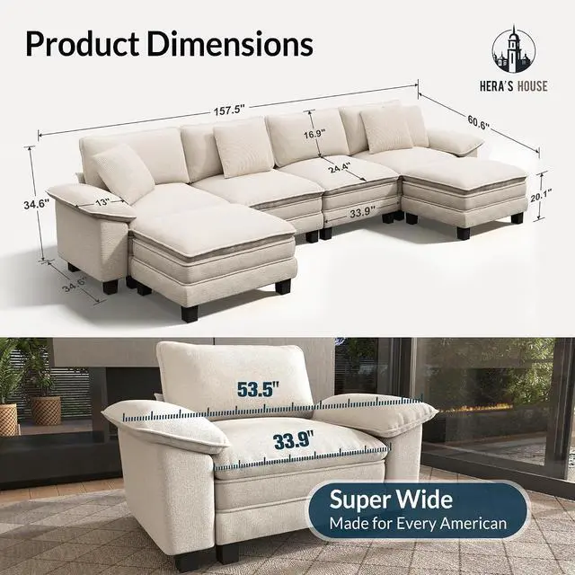 Alt view image 2 of 7 - HERA'S HOUSE 158" Oversized Modular Sectional U Shaped Sofa,Chenille White | 6-Seater Living Room Couches, Wider Armrest and Deep Seat, Comfy Cloud Couch with Ottoman, Wood Sturdy Frame