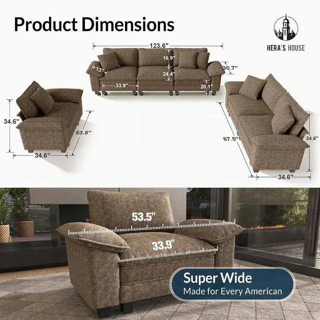 Alt view image 2 of 7 - HERA'S HOUSE 158" Oversized Modular Sectional U Shaped Sofa,Chenille Taupe | 6-Seater Living Room Couches, Wider Armrest and Deep Seat, Comfy Cloud Couch with Ottoman, Grayish Brown