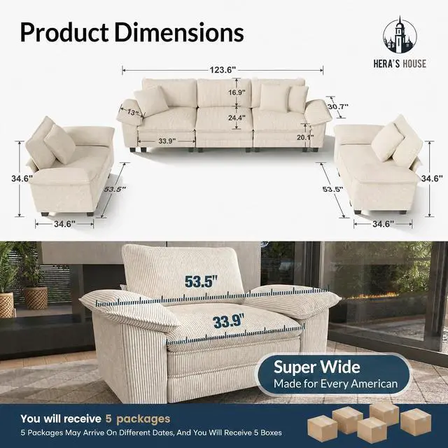 Alt view image 2 of 7 - HERA'S HOUSE 3 Pieces Modular Cloud Couch and Chair Set Setional Sofa | Modern 5-Seater Sofa Set , Beige, Wider Armrest, Comfy Deep Seat, Soft Corduroy Furniture Set for Living Room