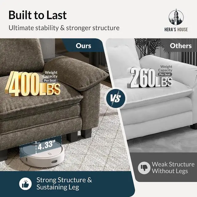 Alt view image 7 of 7 - HERA'S HOUSE 3 Pieces Modular Cloud Couch and Chair Set Setional Sofa | Modern 5-Seater Sofa Set , Smoky Grey, Wider Armrest, Comfy Deep Seat, Soft Chenille Furniture Set for Living Room