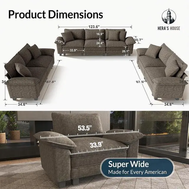 Alt view image 3 of 7 - HERA'S HOUSE 3 Pieces Modular Sectional Cloud Couch and Loveseat Sofa Set | Modern 7-Seater Sofa Set , Smoky Grey, Wider Armrest, Comfy Deep Seat, Soft Chenille Furniture Set for Living Room