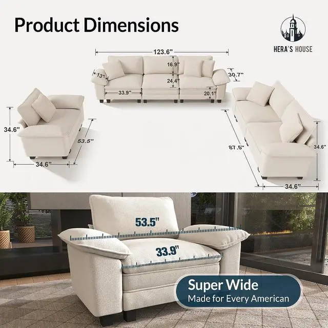 Alt view image 2 of 7 - HERA'S HOUSE 3 Pieces Modular Sectional Couch Set with Armchair Loveseat | Modern 6-Seater Cloud Sofa Set , White, Wider Armrest, Comfy Deep Seat, Soft Chenille Furniture Set for Living Room