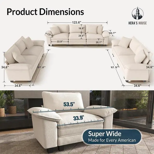 Alt view image 2 of 7 - HERA'S HOUSE 3 Pieces Modular Sectional Cloud Couch and Loveseat Sofa Set | Modern 7-Seater Sofa Set , White, Wider Armrest, Comfy Deep Seat, Soft Chenille Furniture Set for Living Room