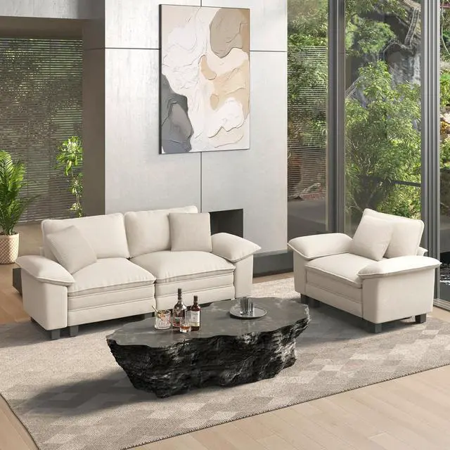 Main image of HERA'S HOUSE 2 Pieces Modular Loveseat Couch and Chair Set Setional Sofa | Modern 3-Seater Cloud Sofa Set , White, Wider Armrest, Comfy Deep Seat, Soft Chenille Furniture Set for Living Room