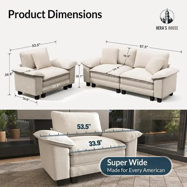 Alt view image 2 of 7 - HERA'S HOUSE 2 Pieces Modular Loveseat Couch and Chair Set Setional Sofa | Modern 3-Seater Cloud Sofa Set , White, Wider Armrest, Comfy Deep Seat, Soft Chenille Furniture Set for Living Room