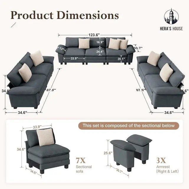 Alt view image 2 of 7 - HERA'S HOUSE Modular Sectional Sofa and Loveseat Set 3 Piece Cloud Sofa Set | Modern 7-Seater Sofa Set , Blue, Wider Armrest, Comfy Deep Seat, Soft Chenille Furniture Set for Living Room