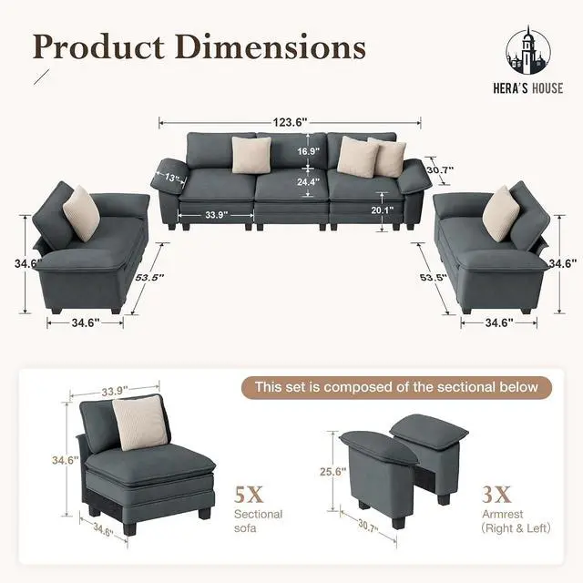 Alt view image 2 of 7 - HERA'S HOUSE 3 Pieces Modular Cloud Couch and Chair Set Setional Sofa | Modern 5-Seater Sofa Set , Cyan, Wider Armrest, Comfy Deep Seat, Soft Chenille Furniture Set for Living Room