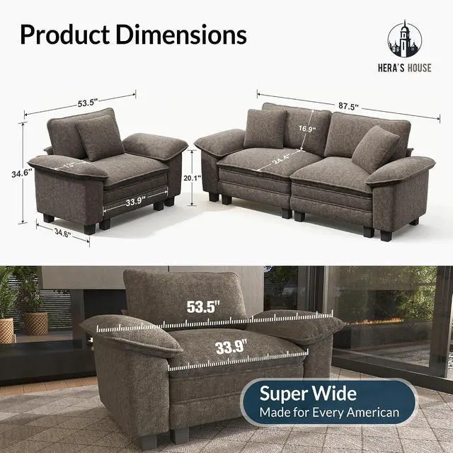 Alt view image 2 of 7 - HERA'S HOUSE 2 Pieces Modular Loveseat Couch and Chair Set Setional Sofa | Modern 3-Seater Cloud Sofa Set , Smoky Grey, Wider Armrest, Deep Seat, Soft Chenille Furniture Set for Living Room