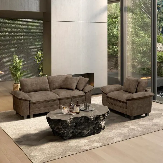Main image of HERA'S HOUSE 2 Pieces Modular Loveseat Couch and Chair Set Setional Sofa | Modern 3-Seater Cloud Sofa Set , Grayish Brown, Wider Armrest, Deep Seat, Soft Chenille Furniture Set for Living Room