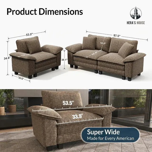 Alt view image 2 of 7 - HERA'S HOUSE 2 Pieces Modular Loveseat Couch and Chair Set Setional Sofa | Modern 3-Seater Cloud Sofa Set , Grayish Brown, Wider Armrest, Deep Seat, Soft Chenille Furniture Set for Living Room
