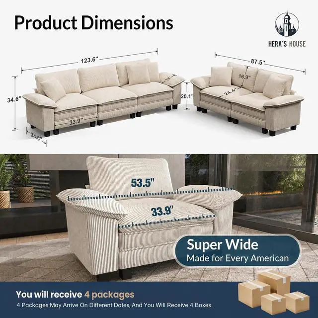 Alt view image 2 of 7 - HERA'S HOUSE 2 Pieces Modular Loveseat Couch & 3-Seat Sectional Sofa Set | Modern 5-Seater Cloud Sofa Set , Beige, Wider Armrest, Comfy Deep Seat, Soft Corduroy Furniture Set for Living Room