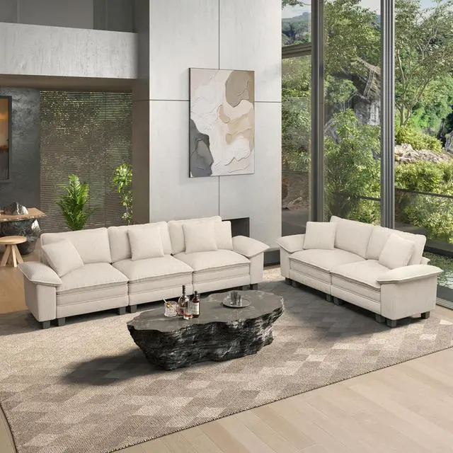 Main image of HERA'S HOUSE 2 Pieces Modular Loveseat Couch & 3-Seat Sectional Sofa Set | Modern 5-Seater Cloud Sofa Set , Beige, Wider Armrest, Comfy Deep Seat, Soft Corduroy Furniture Set for Living Room