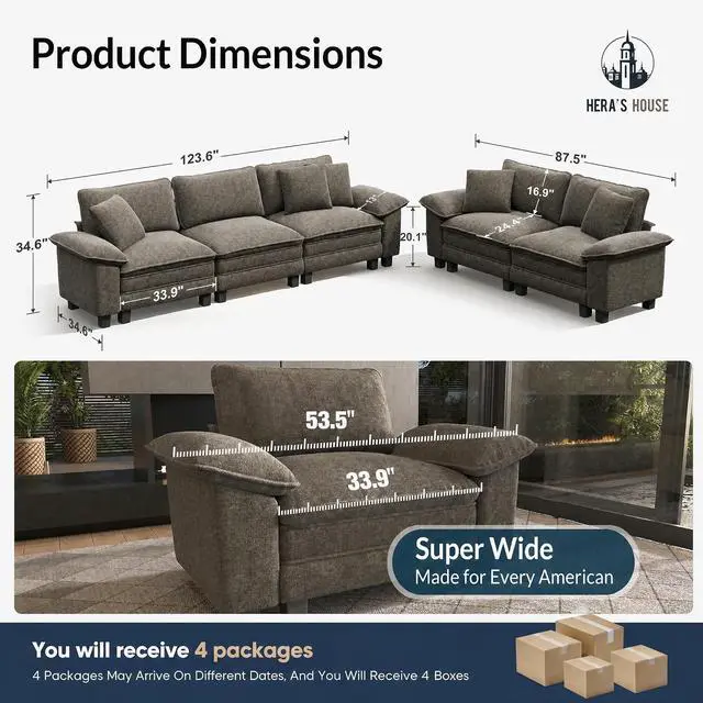 Alt view image 2 of 7 - HERA'S HOUSE 2 Pieces Modular Loveseat Couch & 3-Seat Sectional Sofa Set | Modern 5-Seater Cloud Sofa Set , Smoky Grey, Wider Armrest, Deep Seat, Soft Chenille Furniture Set for Living Room