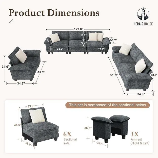 Alt view image 2 of 7 - HERA'S HOUSE 3 Pieces Modular Sectional Couch Set with Armchair Loveseat | Modern 6-Seater Cloud Sofa Set , Cyan, Wider Armrest, Comfy Deep Seat, Soft Chenille Furniture Set for Living Room