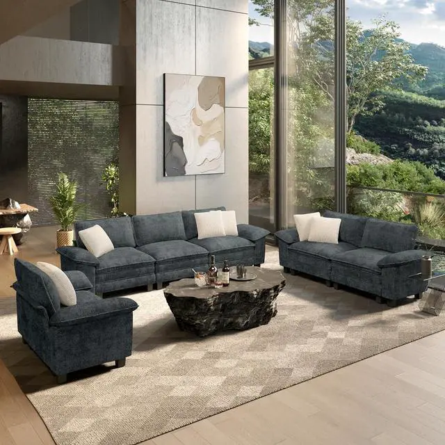 Main image of HERA'S HOUSE 3 Pieces Modular Sectional Couch Set with Armchair Loveseat | Modern 6-Seater Cloud Sofa Set , Cyan, Wider Armrest, Comfy Deep Seat, Soft Chenille Furniture Set for Living Room
