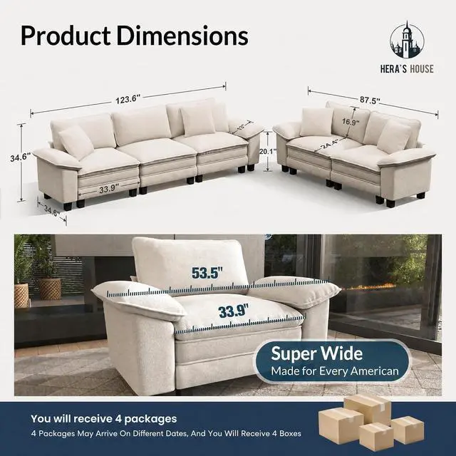 Alt view image 2 of 7 - HERA'S HOUSE 2 Pieces Modular Loveseat Couch & 3-Seat Sectional Sofa Set | Modern 5-Seater Cloud Sofa Set , White, Wider Armrest, Comfy Deep Seat, Soft Chenille Furniture Set for Living Room