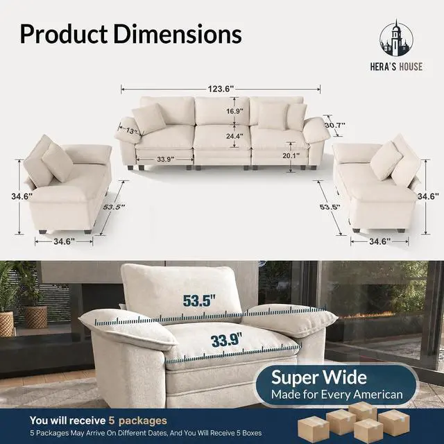 Alt view image 2 of 7 - HERA'S HOUSE 3 Pieces Modular Cloud Couch and Chair Set Setional Sofa | Modern 5-Seater Sofa Set , White, Wider Armrest, Comfy Deep Seat, Soft Chenille Furniture Set for Living Room