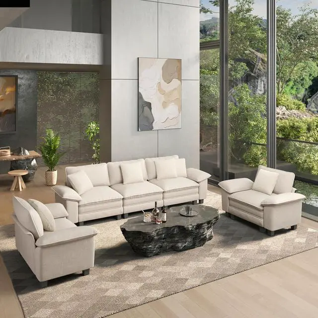 Main image of HERA'S HOUSE 3 Pieces Modular Cloud Couch and Chair Set Setional Sofa | Modern 5-Seater Sofa Set , White, Wider Armrest, Comfy Deep Seat, Soft Chenille Furniture Set for Living Room