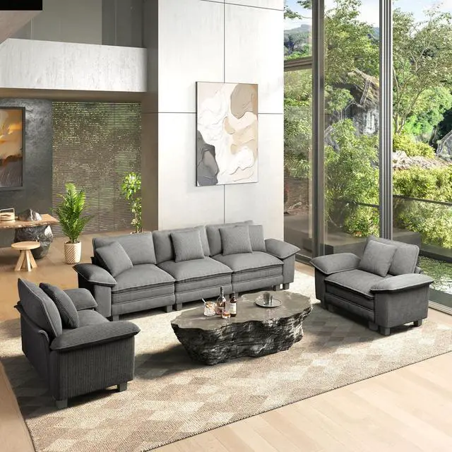 Main image of HERA'S HOUSE 3 Pieces Modular Cloud Couch and Chair Set Setional Sofa | Modern 5-Seater Sofa Set , Grey, Wider Armrest, Comfy Deep Seat, Soft Corduroy Furniture Set for Living Room