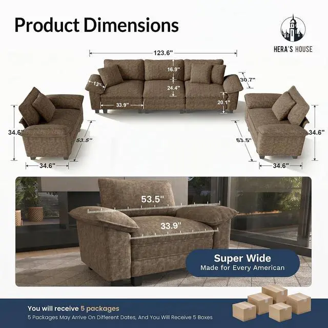 Alt view image 3 of 7 - HERA'S HOUSE 3 Pieces Modular Cloud Couch and Chair Set Setional Sofa | Modern 5-Seater Sofa Set , Grayish Brown, Wider Armrest, Comfy Deep Seat, Soft Chenille Furniture Set for Living Room