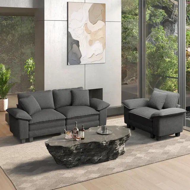 Main image of HERA'S HOUSE 2 Pieces Modular Loveseat Couch and Chair Set Setional Sofa | Modern 3-Seater Cloud Sofa Set , Grey, Wider Armrest, Comfy Deep Seat, Soft Corduroy Furniture Set for Living Room