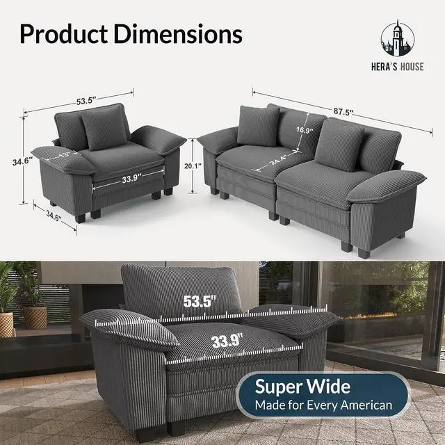 Alt view image 2 of 7 - HERA'S HOUSE 2 Pieces Modular Loveseat Couch and Chair Set Setional Sofa | Modern 3-Seater Cloud Sofa Set , Grey, Wider Armrest, Comfy Deep Seat, Soft Corduroy Furniture Set for Living Room