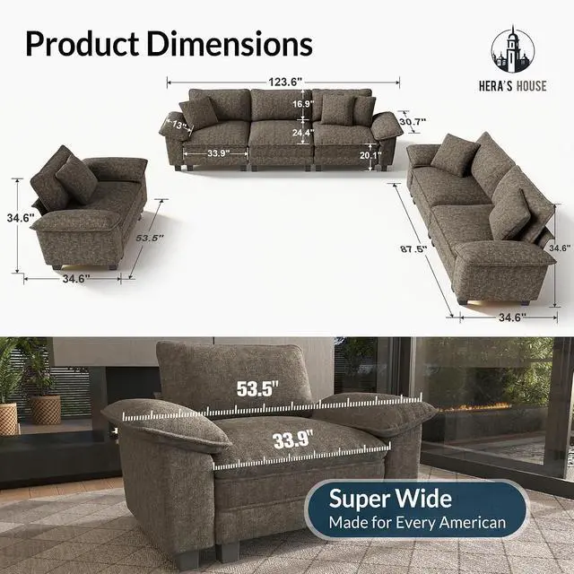 Alt view image 2 of 7 - HERA'S HOUSE 3 Pieces Modular Sectional Couch Set with Armchair Loveseat | Modern 6-Seater Cloud Sofa Set , Smoky Grey, Wider Armrest, Deep Seat, Soft Chenille Furniture Set for Living Room