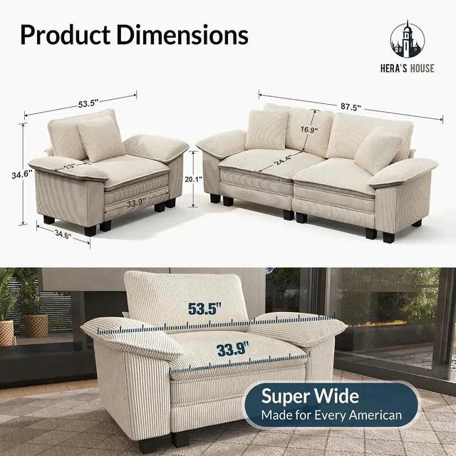 Alt view image 2 of 7 - HERA'S HOUSE 2 Pieces Modular Loveseat Couch and Chair Set Setional Sofa | Modern 3-Seater Cloud Sofa Set , Beige, Wider Armrest, Comfy Deep Seat, Soft Corduroy Furniture Set for Living Room