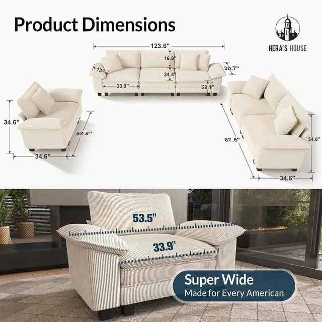 Alt view image 2 of 7 - HERA'S HOUSE 3 Pieces Modular Sectional Couch Set with Armchair Loveseat | Modern 6-Seater Cloud Sofa Set , Beige, Wider Armrest, Comfy Deep Seat, Soft Corduroy Furniture Set for Living Room