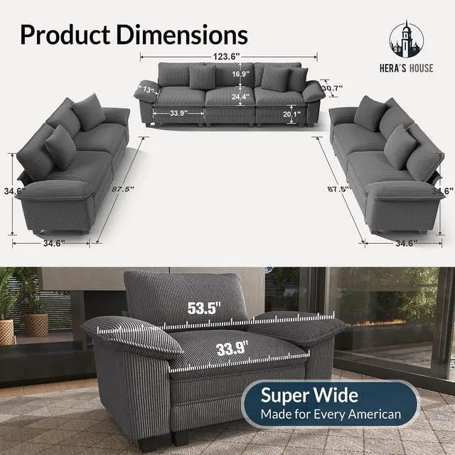 Alt view image 2 of 7 - HERA'S HOUSE 3 Pieces Modular Sectional Cloud Couch and Loveseat Sofa Set | Modern 7-Seater Sofa Set , Grey, Wider Armrest, Comfy Deep Seat, Soft Corduroy Furniture Set for Living Room
