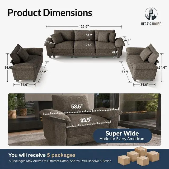 Alt view image 2 of 7 - HERA'S HOUSE 3 Pieces Modular Cloud Couch and Chair Set Setional Sofa | Modern 5-Seater Sofa Set , Smoky Grey, Wider Armrest, Comfy Deep Seat, Soft Chenille Furniture Set for Living Room