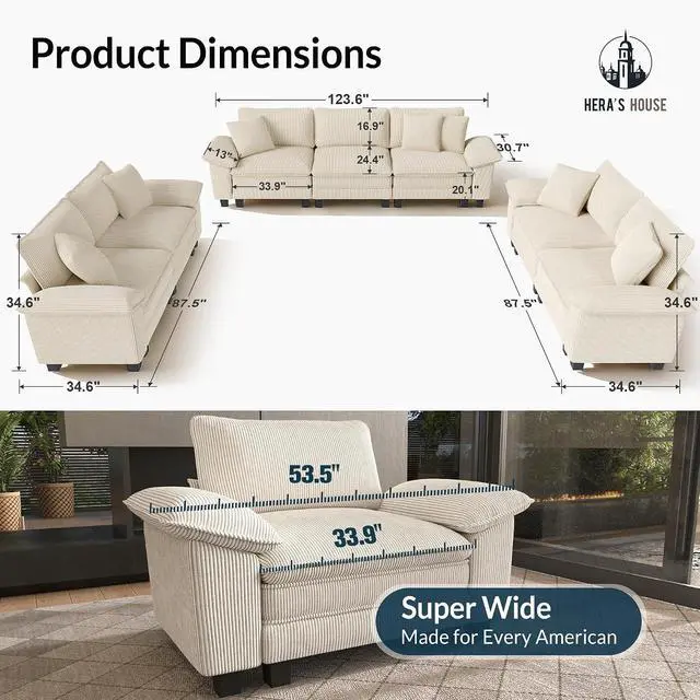 Alt view image 2 of 7 - HERA'S HOUSE 3 Pieces Modular Sectional Cloud Couch and Loveseat Sofa Set | Modern 7-Seater Sofa Set , Beige, Wider Armrest, Comfy Deep Seat, Soft Corduroy Furniture Set for Living Room