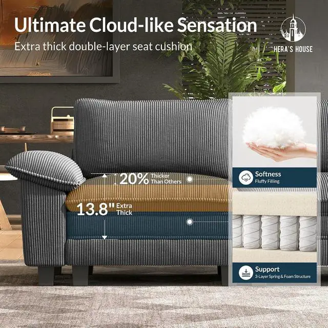 Alt view image 6 of 7 - HERA'S HOUSE Modular Sectional Sofa Set with Loveseat & Armchair 3 Piece | Modern 6-Seater Cloud Sofa Set , Grey, Wider Armrest, Comfy Deep Seat, Soft Corduroy Furniture Set for Living Room